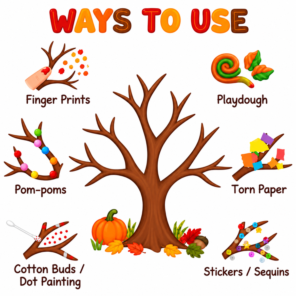 Fall Tree Craft Printable for Kids, Autumn Tree Template, Fingerprint, Pom Pom, Torn Paper, Play Dough Activity, Preschool Fine Motor Art