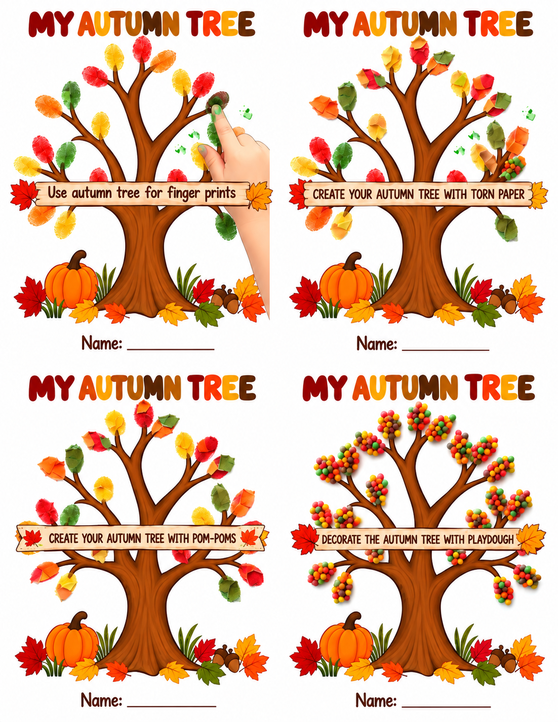 Fall Tree Craft Printable for Kids, Autumn Tree Template, Fingerprint, Pom Pom, Torn Paper, Play Dough Activity, Preschool Fine Motor Art