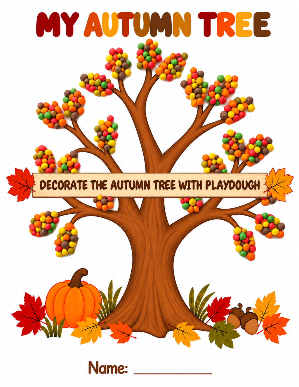 Fall Tree Craft Printable for Kids, Autumn Tree Template, Fingerprint, Pom Pom, Torn Paper, Play Dough Activity, Preschool Fine Motor Art