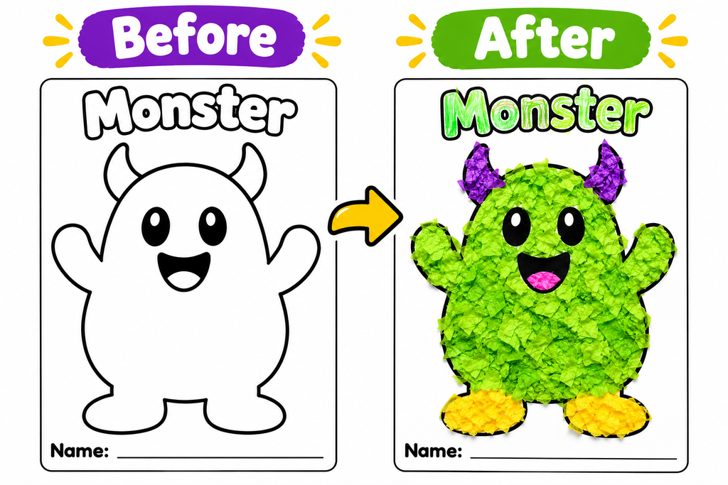 Halloween Tissue Paper Craft for Kids, 6 Printable Halloween Templates, Preschool Fine Motor Activity, Pumpkin Witch Bat Spider Monster Craft