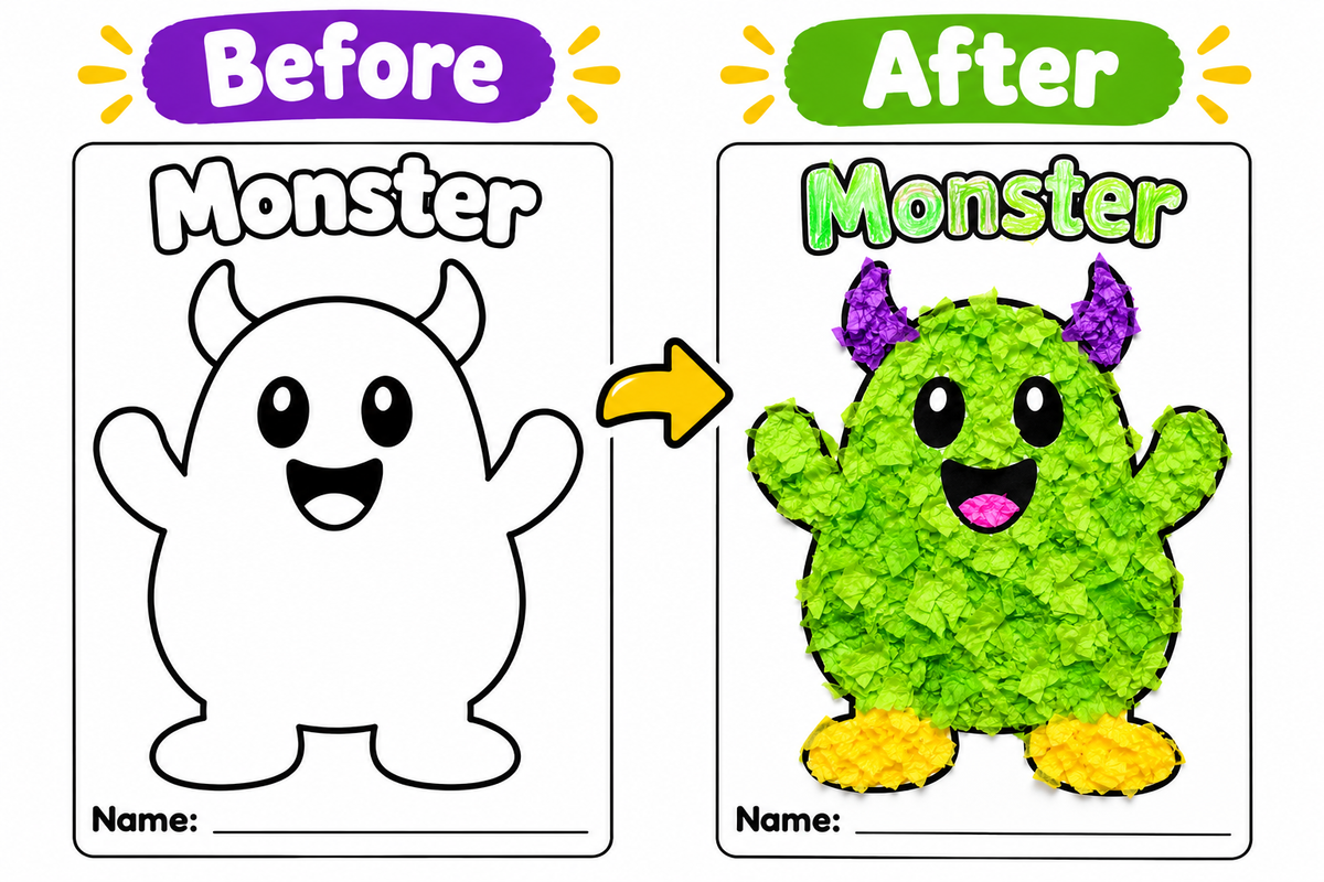 Halloween Tissue Paper Craft for Kids, 6 Printable Halloween Templates, Preschool Fine Motor Activity, Pumpkin Witch Bat Spider Monster Craft