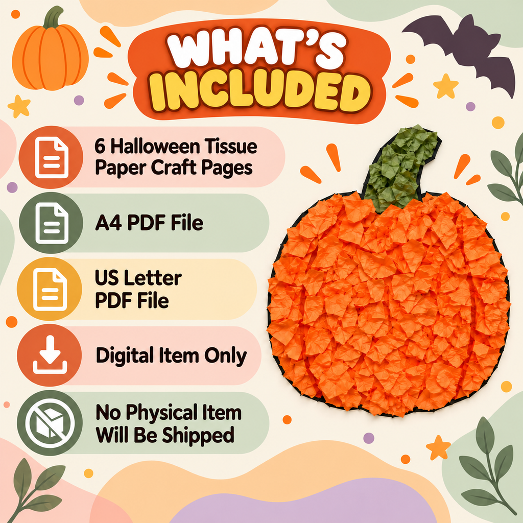 Halloween Tissue Paper Craft for Kids, 6 Printable Halloween Templates, Preschool Fine Motor Activity, Pumpkin Witch Bat Spider Monster Craft