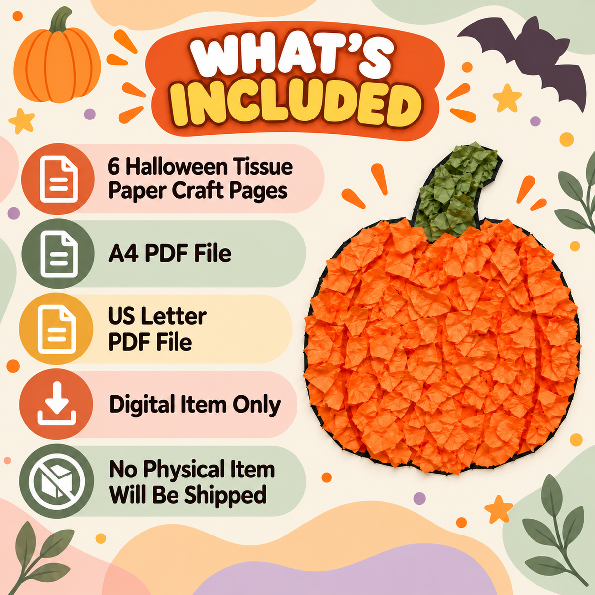 Halloween Tissue Paper Craft for Kids, 6 Printable Halloween Templates, Preschool Fine Motor Activity, Pumpkin Witch Bat Spider Monster Craft