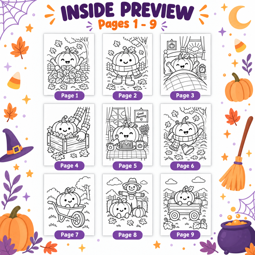 Pumpkin Coloring Pages for Kids, 20 Fall & Halloween Coloring Sheets, Cute Autumn Pumpkin Coloring Book, Preschool Harvest Activity