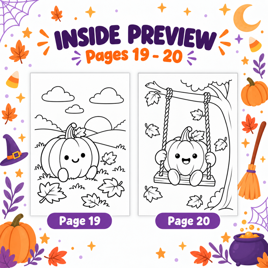 Pumpkin Coloring Pages for Kids, 20 Fall & Halloween Coloring Sheets, Cute Autumn Pumpkin Coloring Book, Preschool Harvest Activity
