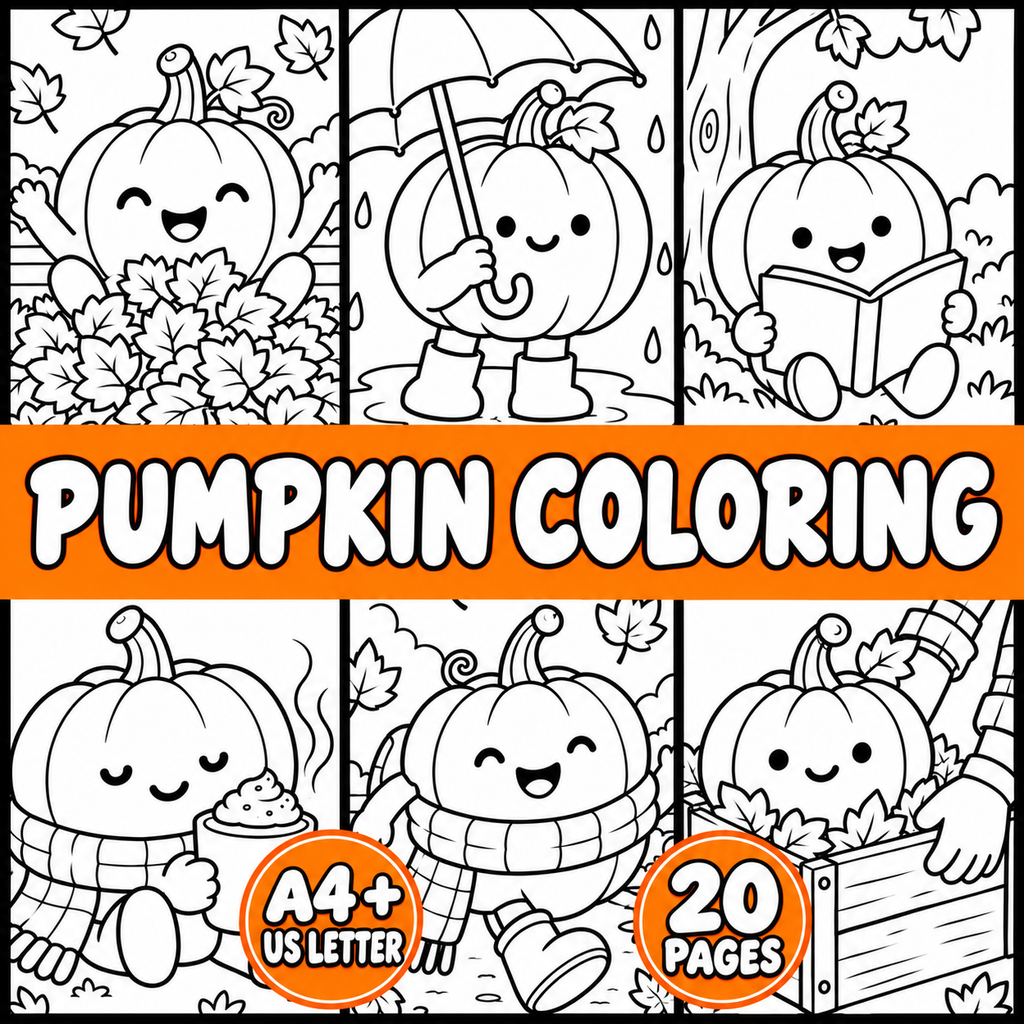 Pumpkin Coloring Pages for Kids, 20 Fall & Halloween Coloring Sheets, Cute Autumn Pumpkin Coloring Book, Preschool Harvest Activity