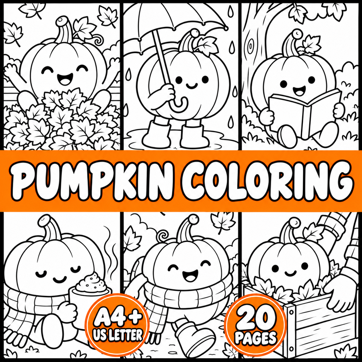 Pumpkin Coloring Pages for Kids, 20 Fall & Halloween Coloring Sheets, Cute Autumn Pumpkin Coloring Book, Preschool Harvest Activity