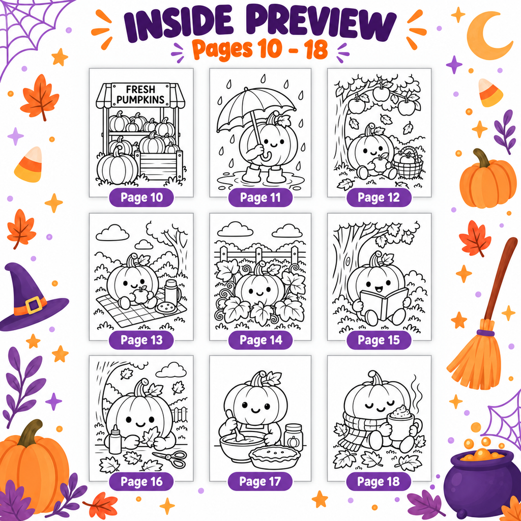 Pumpkin Coloring Pages for Kids, 20 Fall & Halloween Coloring Sheets, Cute Autumn Pumpkin Coloring Book, Preschool Harvest Activity