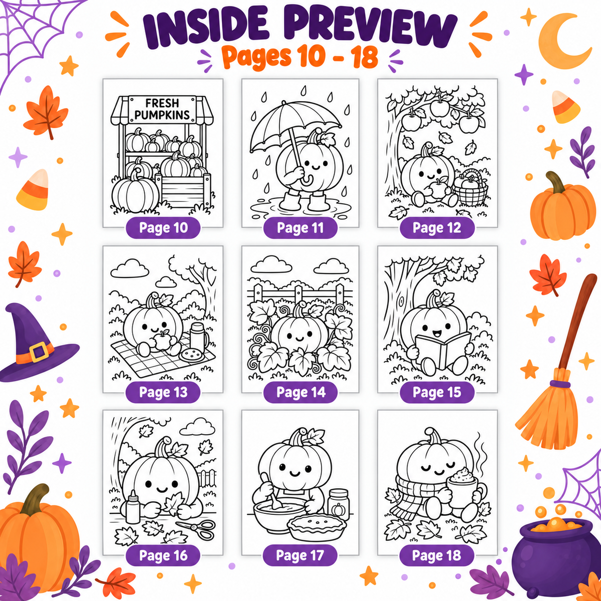 Pumpkin Coloring Pages for Kids, 20 Fall & Halloween Coloring Sheets, Cute Autumn Pumpkin Coloring Book, Preschool Harvest Activity