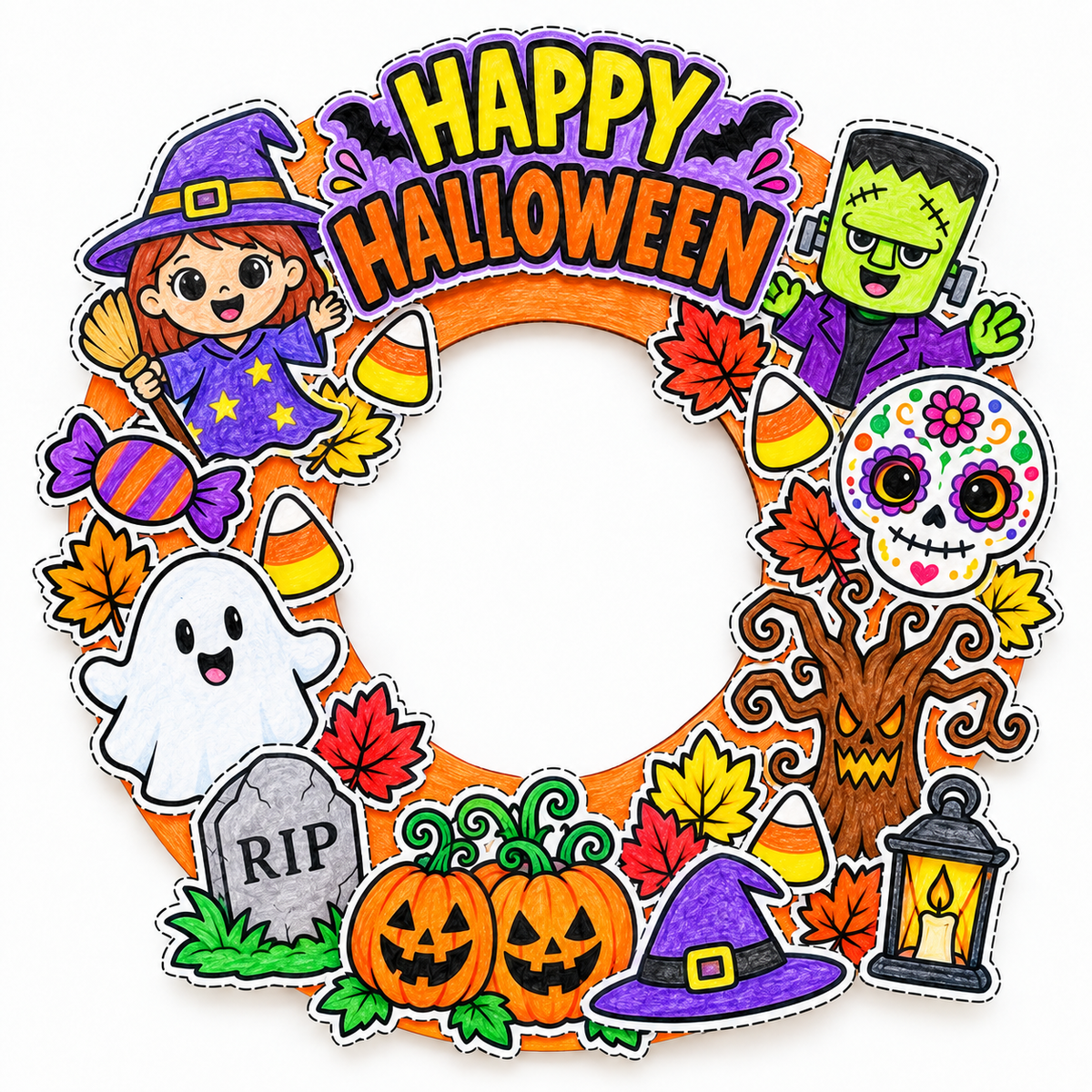 Halloween Wreath Craft for Kids, Printable Cut and Paste Wreath, Halloween Cutouts, Color Cut Glue Activity, Preschool Classroom Craft