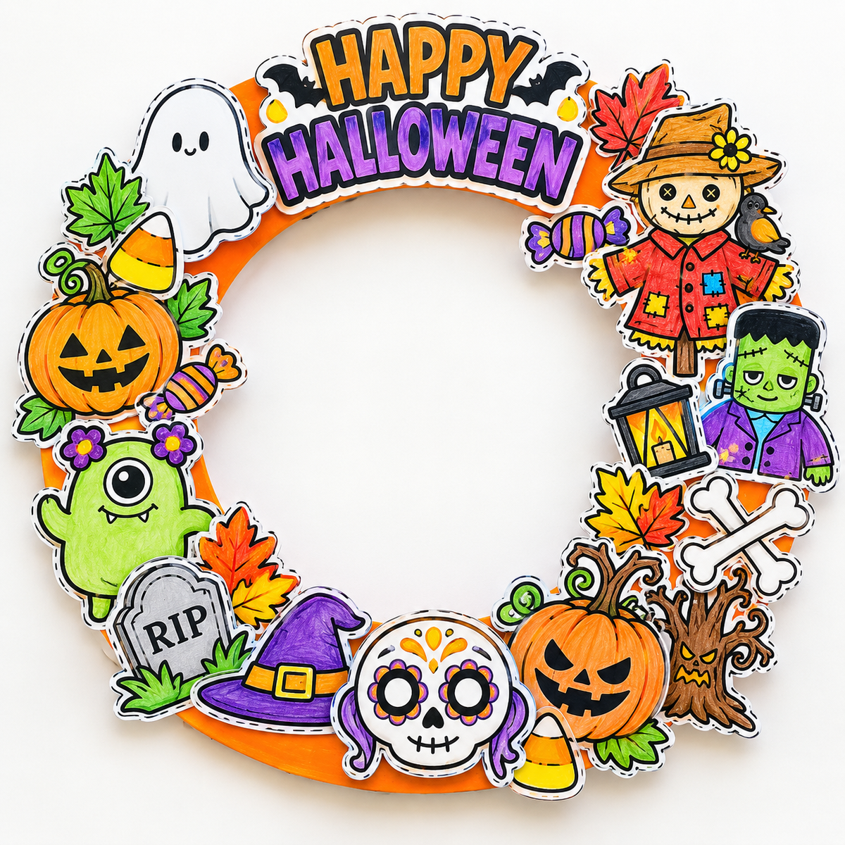 Halloween Wreath Craft for Kids, Printable Cut and Paste Wreath, Halloween Cutouts, Color Cut Glue Activity, Preschool Classroom Craft