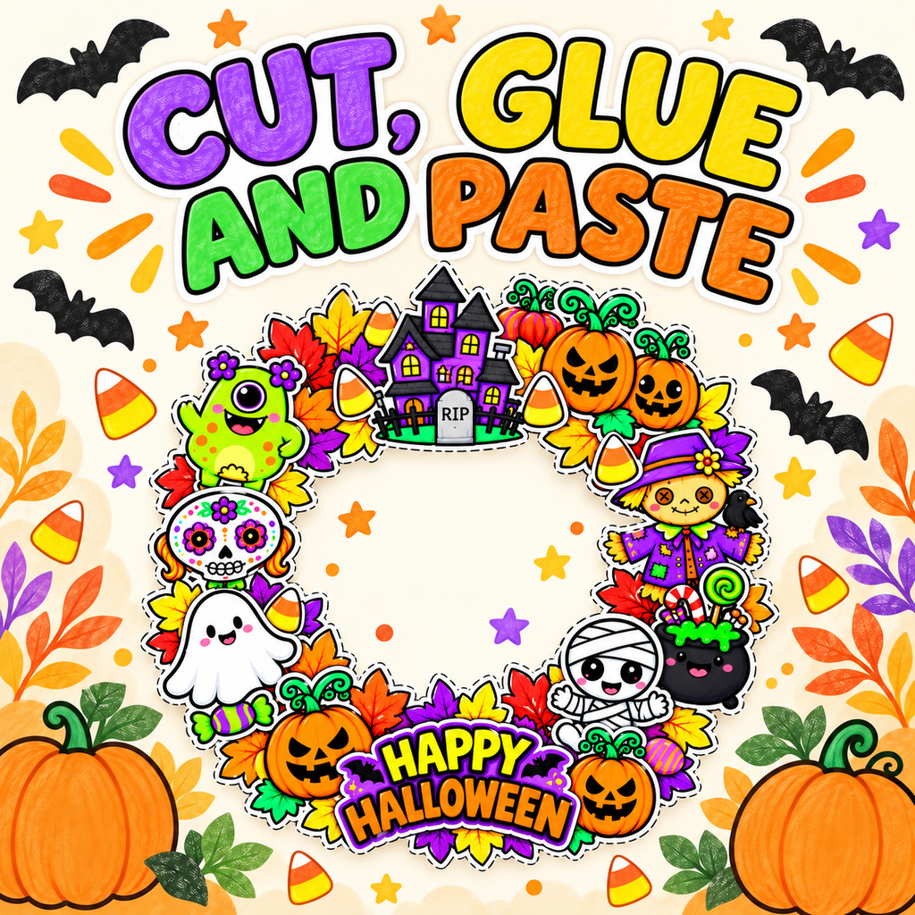 Halloween Wreath Craft for Kids, Printable Cut and Paste Activity, 7-Page Halloween Cutouts, Preschool Classroom Craft