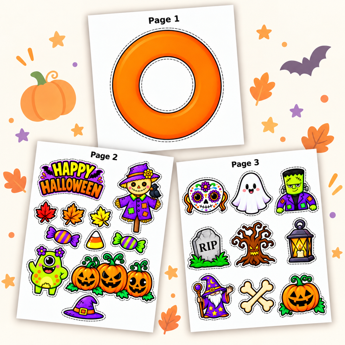 Halloween Wreath Craft for Kids, Printable Cut and Paste Activity, 7-Page Halloween Cutouts, Preschool Classroom Craft
