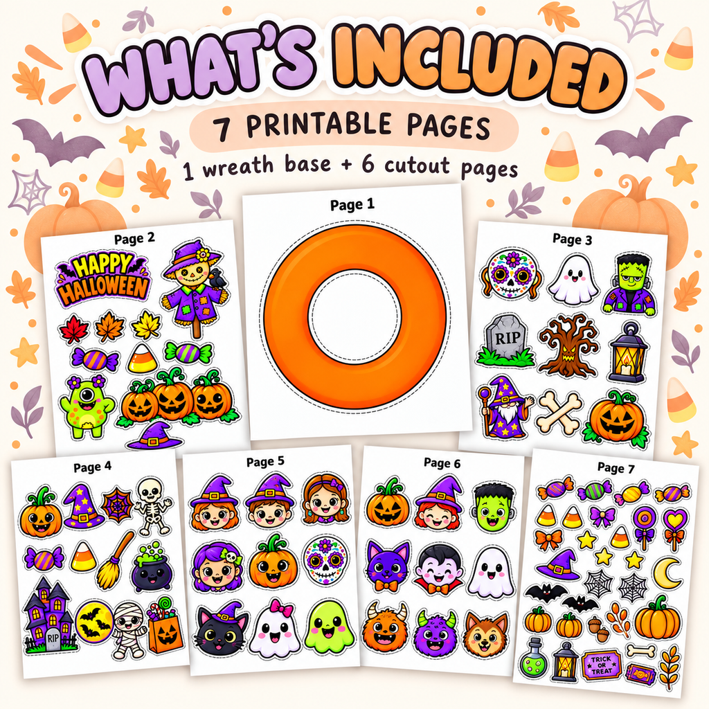 Halloween Wreath Craft for Kids, Printable Cut and Paste Activity, 7-Page Halloween Cutouts, Preschool Classroom Craft