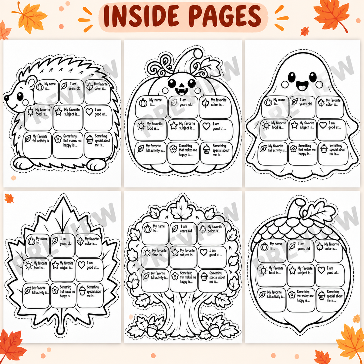Fall All About Me Craft, Autumn Bulletin Board Activity, Back to School Student Writing Craft