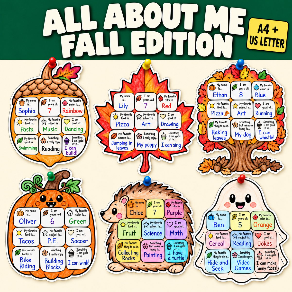 Fall All About Me Craft, Autumn Bulletin Board Activity, Back to School Student Writing Craft