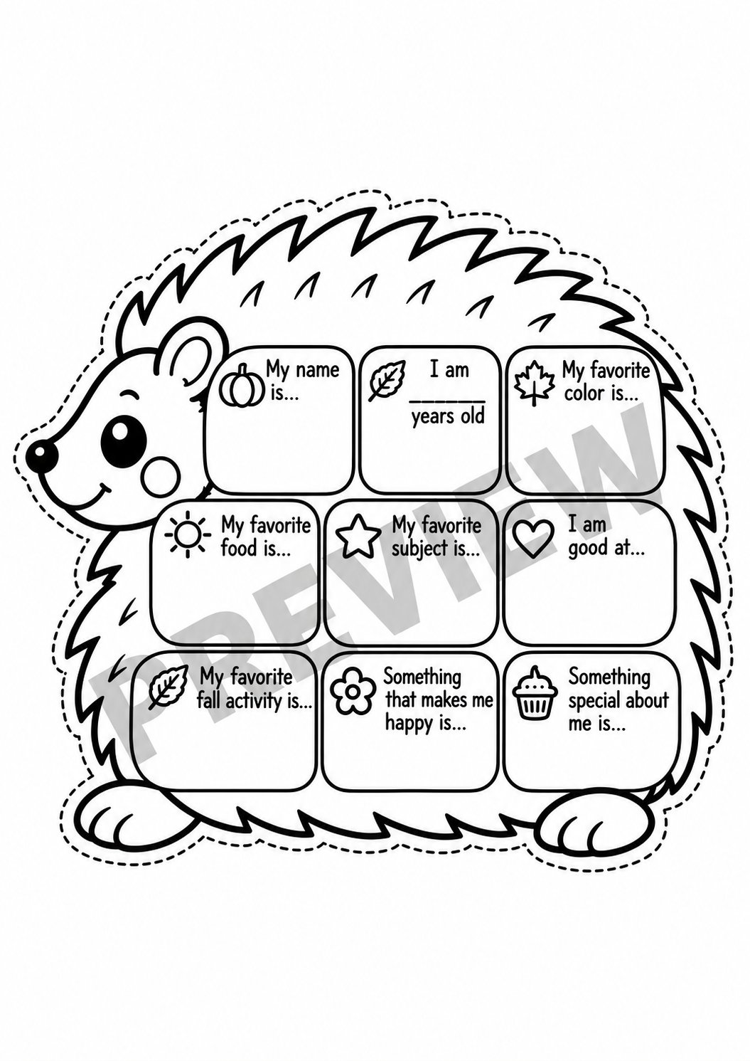 All About Me Fall Worksheet, Hedgehog Printable for Kids, Autumn Classroom Activity, Fall Bulletin Board Craft, Student Introduction