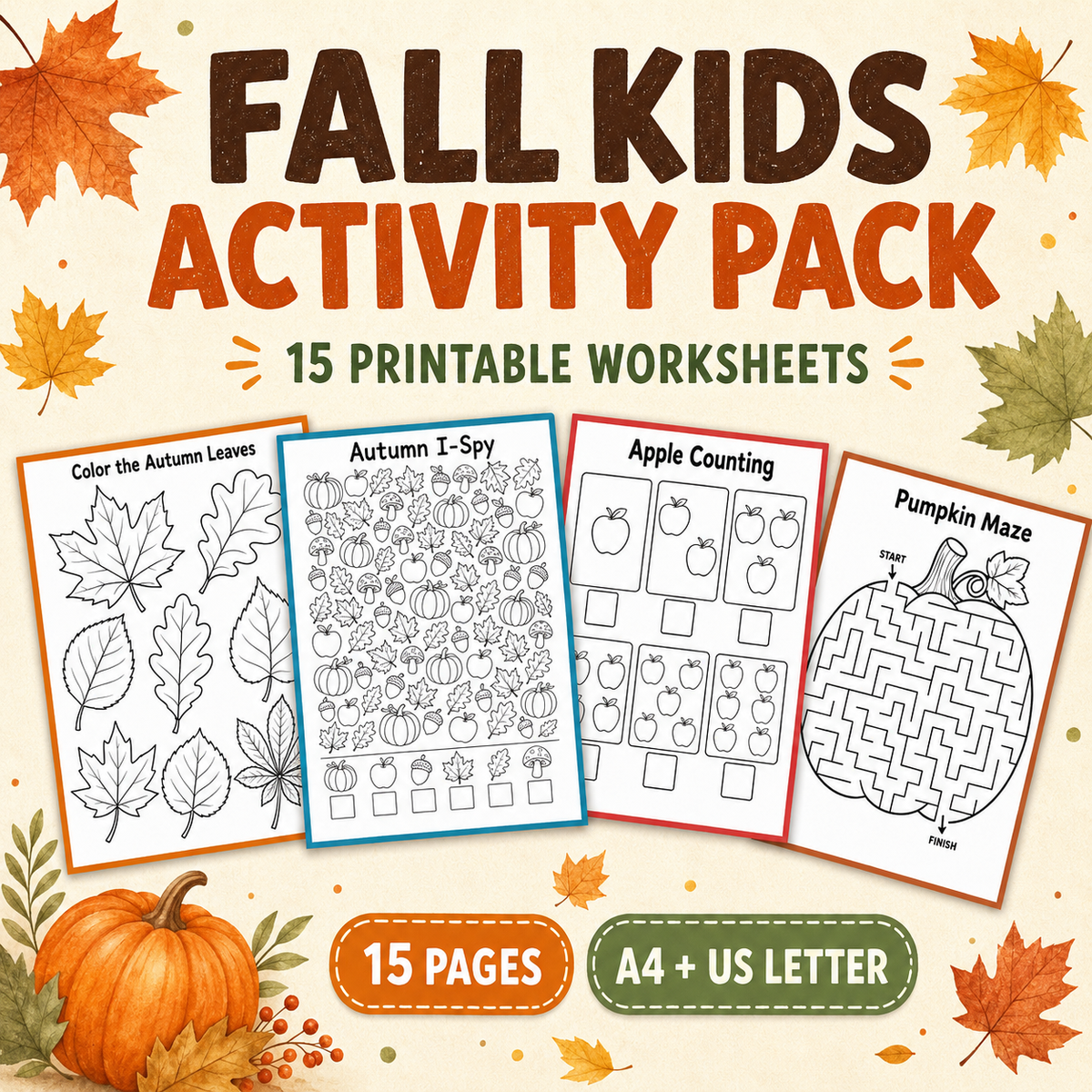 Autumn Activities Printable for Kids | 15 Fall Worksheets, I Spy, Mazes, Counting, Matching & Preschool Kindergarten Activities