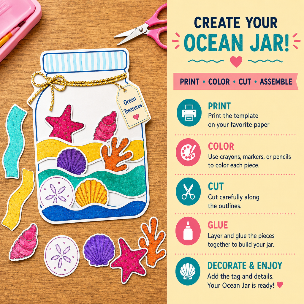 Ocean Treasures Jar Craft Printable | Under the Sea Kids Activity | Summer Craft Template