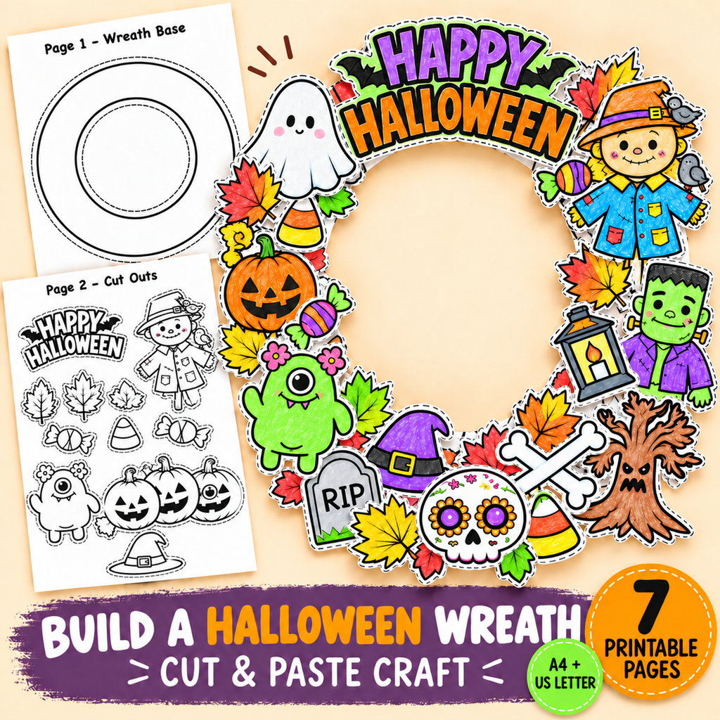 Halloween Wreath Craft for Kids, Printable Cut and Paste Wreath, Halloween Cutouts, Color Cut Glue Activity, Preschool Classroom Craft