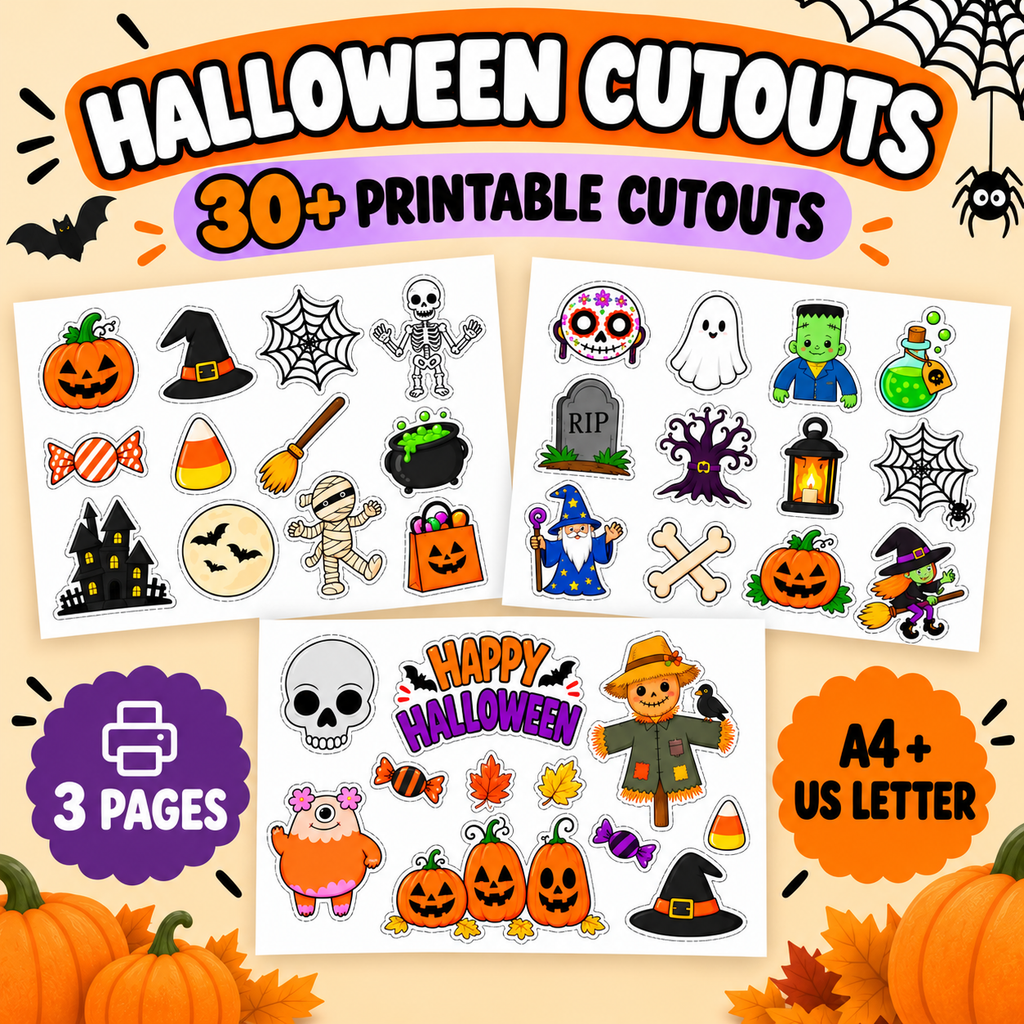 Halloween Cutouts Printable for Kids | 30+ Halloween Craft Cutouts for Classroom, Bulletin Board & Party Decor