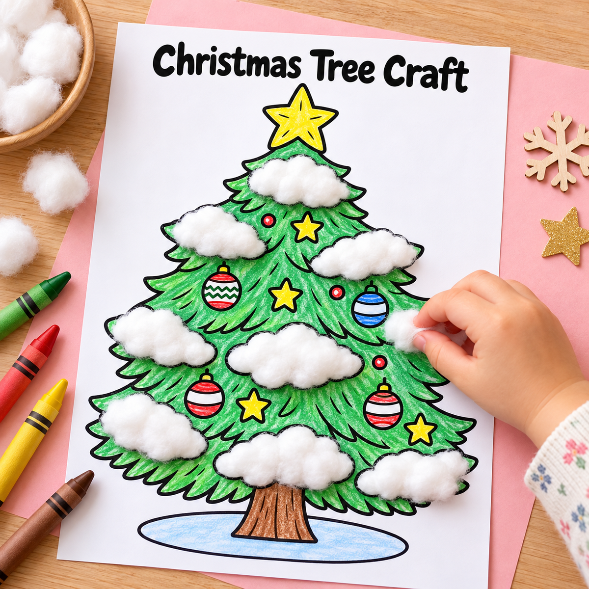 Christmas Tree Cotton Ball Craft | Christmas Coloring Page for Kids | Winter Fine Motor Activity | Preschool Printable