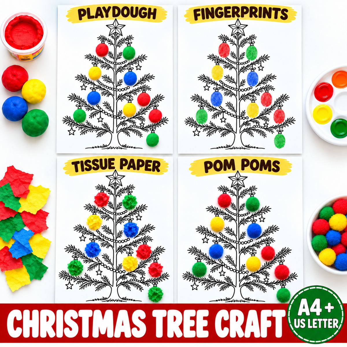 Christmas Tree Craft Printable for Kids, Fingerprint Dot Marker Play Dough Pom Pom Tissue Paper Paint Activity, Preschool Christmas