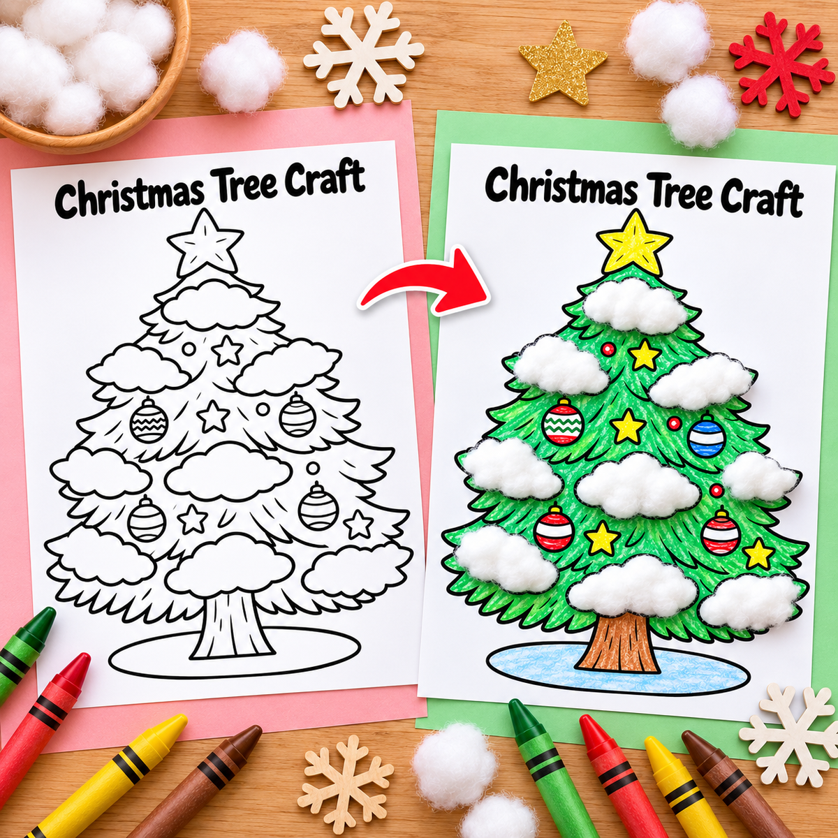 Christmas Tree Cotton Ball Craft | Christmas Coloring Page for Kids | Winter Fine Motor Activity | Preschool Printable