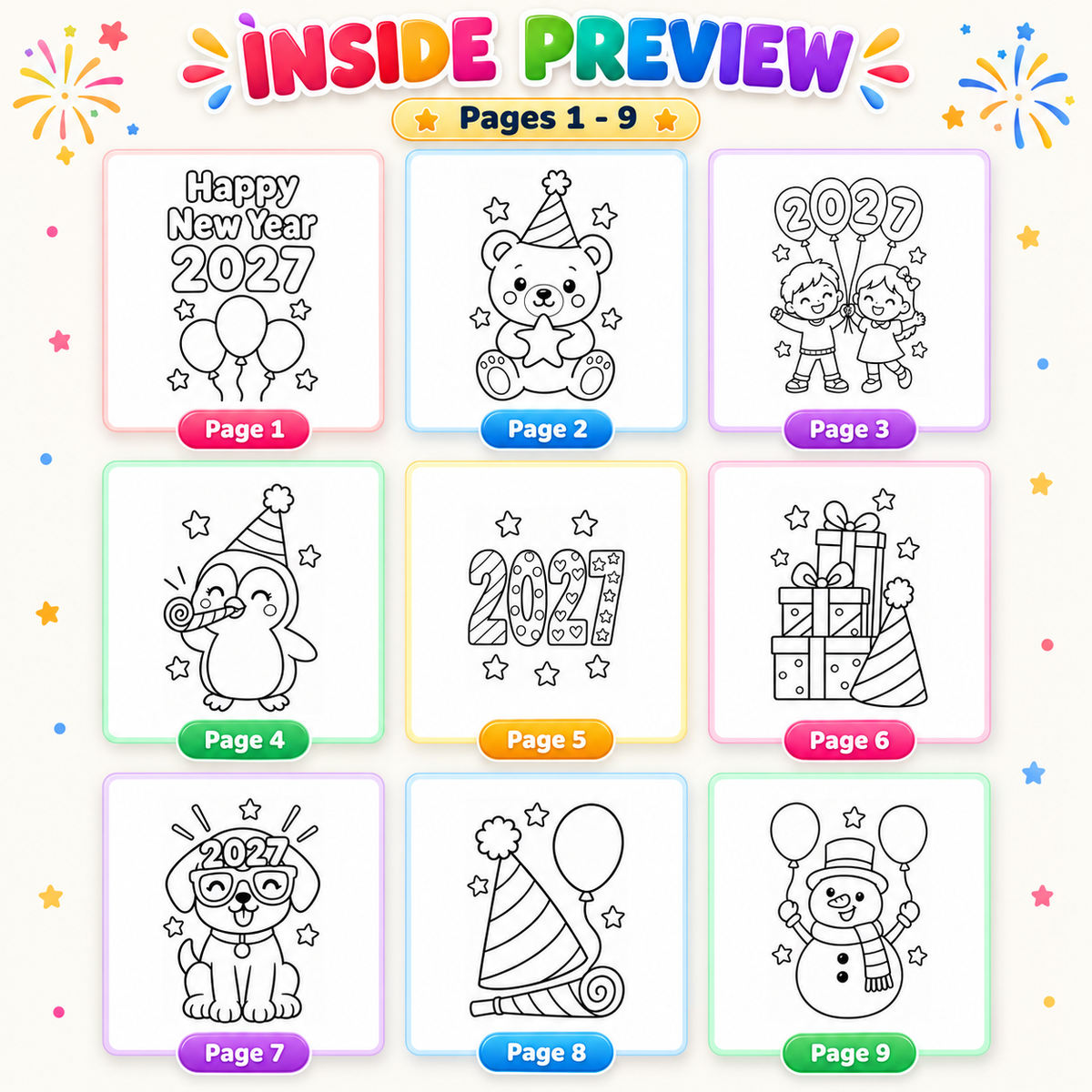 New Year 2027 Coloring Pages for Kids, 26 Printable Happy New Year Colouring Sheets, New Years Eve Party Activity, Winter Classroom Printable