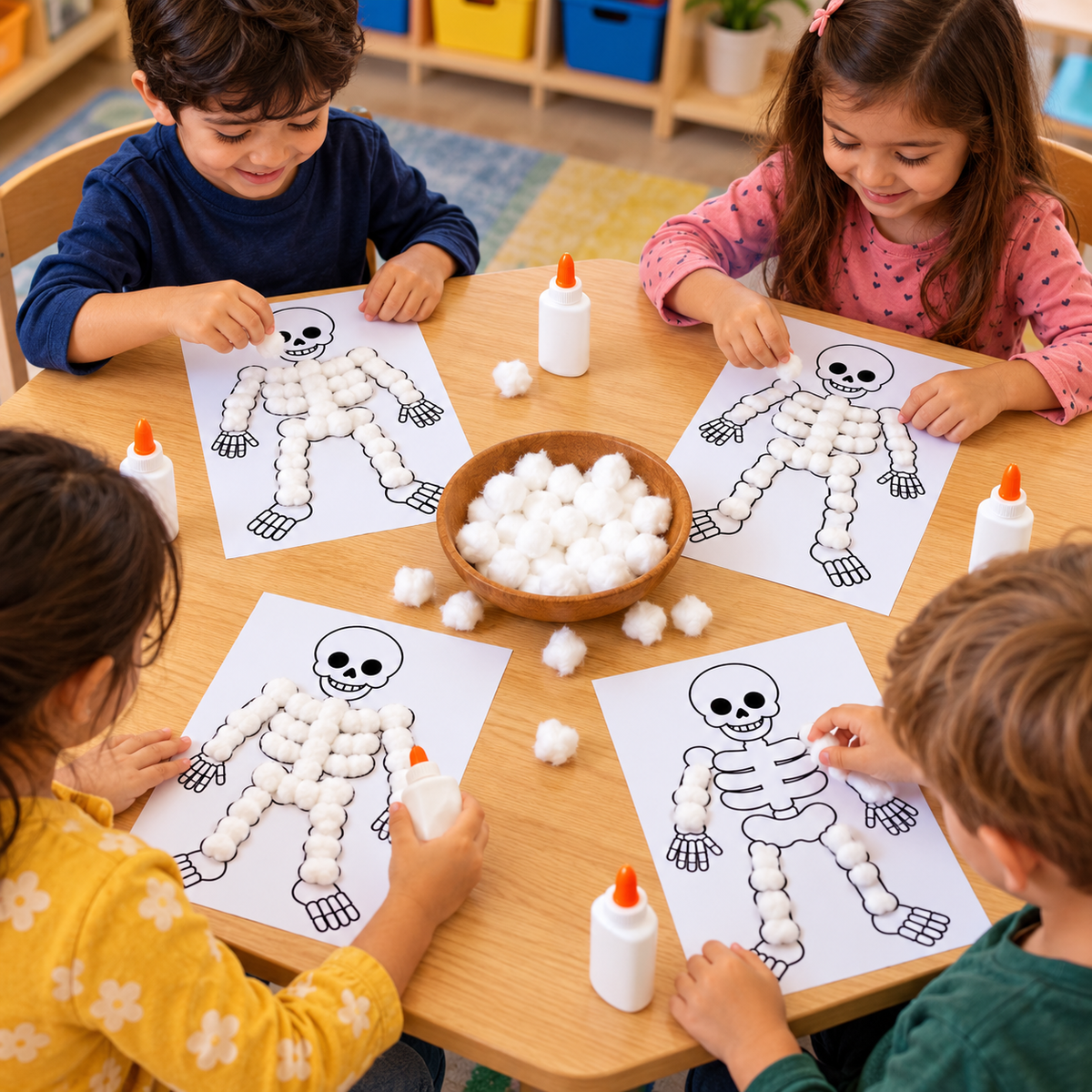 Skeleton Cotton Ball Craft Printable, Halloween Skeleton Craft for Kids, Preschool Halloween Activity, Cotton Ball Skeleton, Kids Halloween Craft
