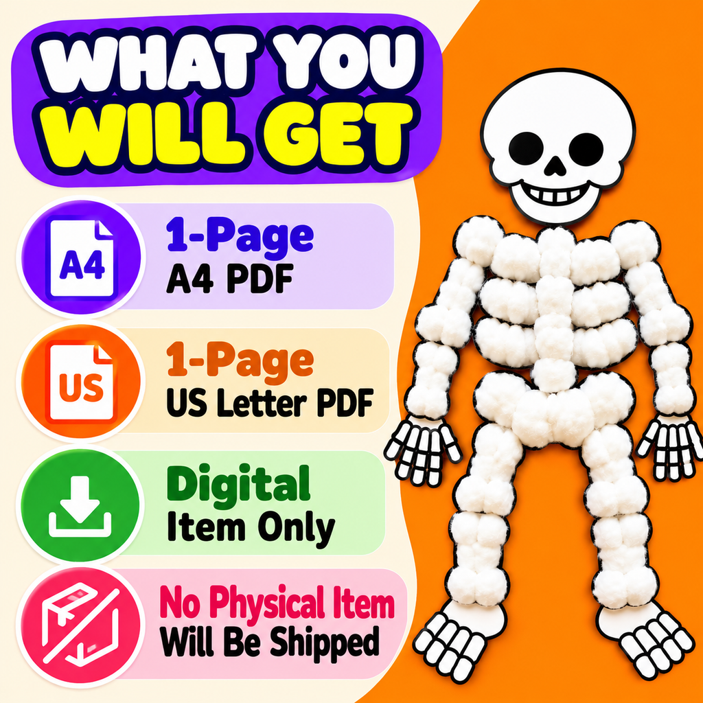 Skeleton Cotton Ball Craft Printable, Halloween Skeleton Craft for Kids, Preschool Halloween Activity, Cotton Ball Skeleton, Kids Halloween Craft
