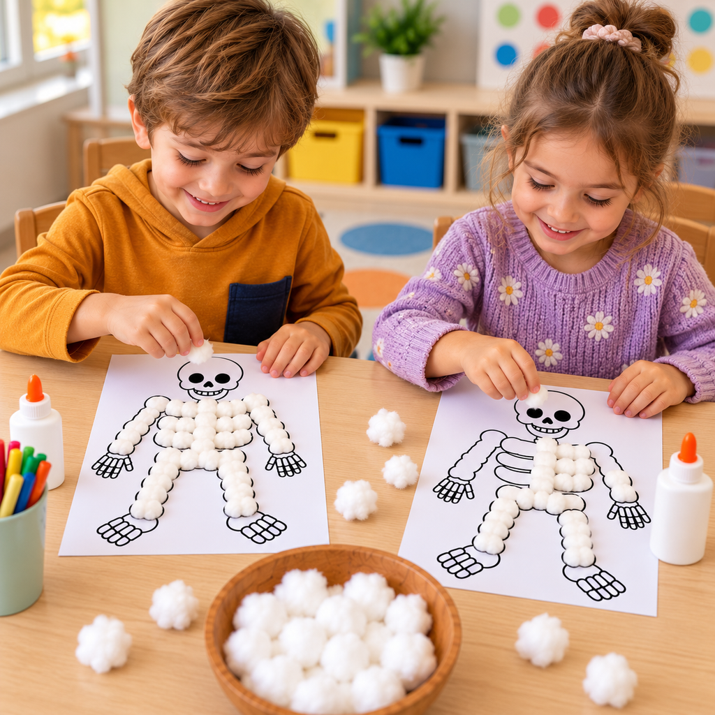 Skeleton Cotton Ball Craft Printable, Halloween Skeleton Craft for Kids, Preschool Halloween Activity, Cotton Ball Skeleton, Kids Halloween Craft
