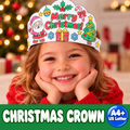 A smiling young girl wearing a white paper Christmas crown printed with festive illustrations including Santa Claus, a Christmas tree, candy canes, snowflakes, and the words 'Merry Christmas!'. The photo is set in a warm, blurred holiday home background with a Christmas tree and lights.