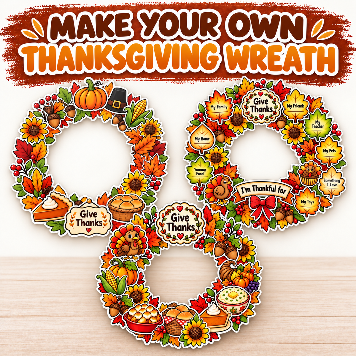Thanksgiving Wreath Craft for Kids, Printable Cut and Paste Activity, Full Color Thanksgiving Cutouts, Fall Harvest Classroom Craft