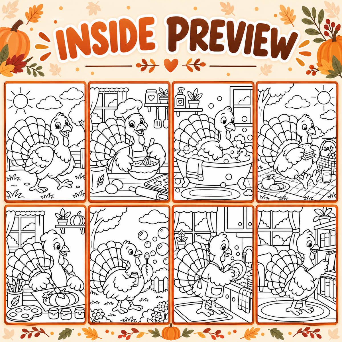 Thanksgiving Turkey Coloring Pages for Kids, 20 Cute Turkey Colouring Sheets, Fall Preschool Activity, Thanksgiving Printable