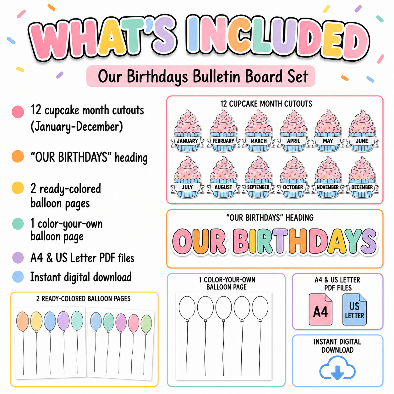Birthday Bulletin Board Printable, Our Birthdays Classroom Display, Cupcake Birthday Board, Birthday Balloons, Classroom Decor