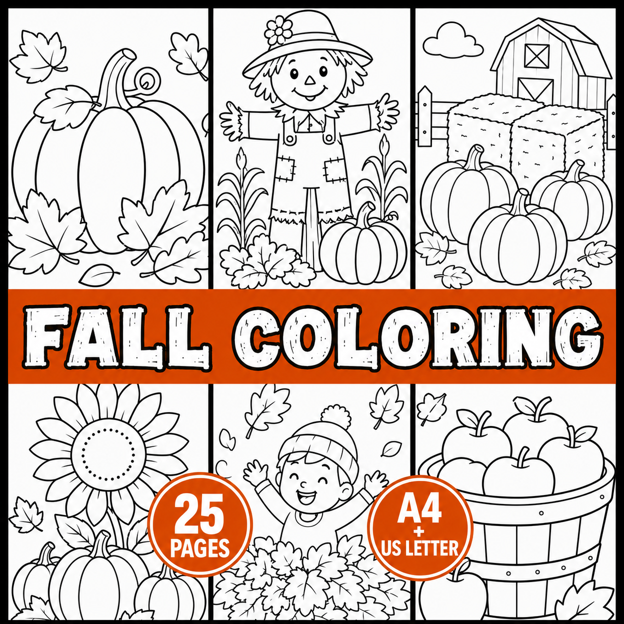 Fall Coloring Pages for Kids, Autumn Coloring Pages Printable, Fall Coloring Book, Pumpkin & Leaves Coloring Sheets, Fall Activity PDF