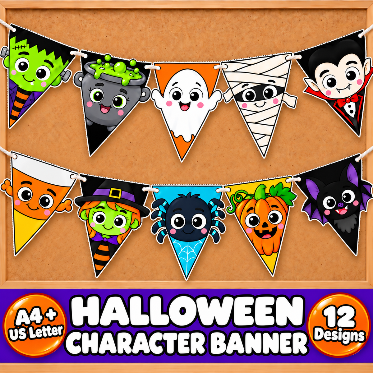 Halloween Character Banner Printable, Halloween Bunting, Halloween Pennant Garland, Classroom Door Decor, Halloween Bulletin Board Decor
