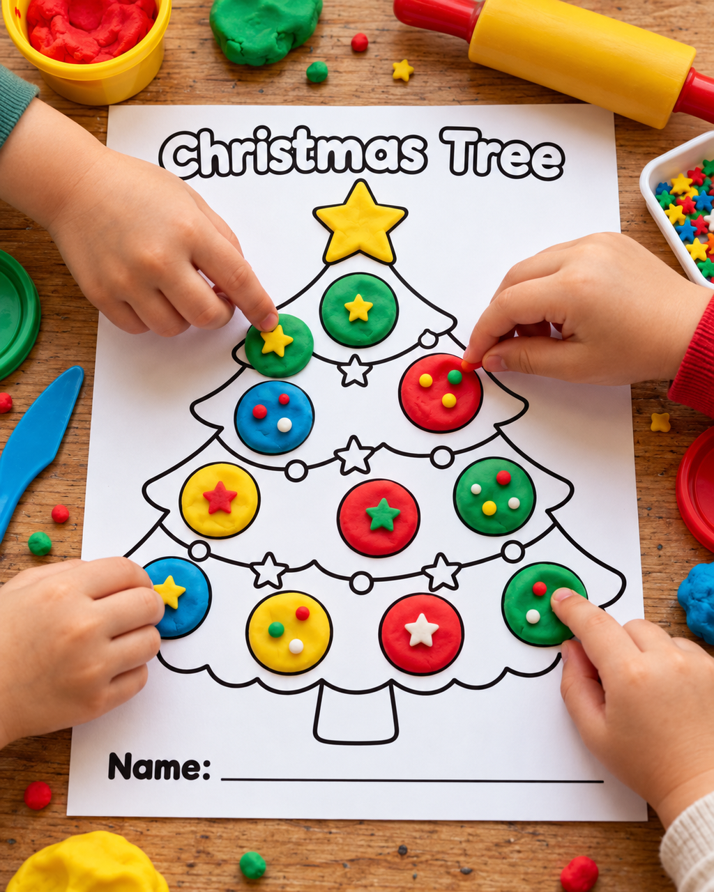 Christmas Craft for Kids, Christmas Tree Wreath Bauble Bell Activity, Kids Christmas Party, Xmas Classroom Activity, Playdough Craft