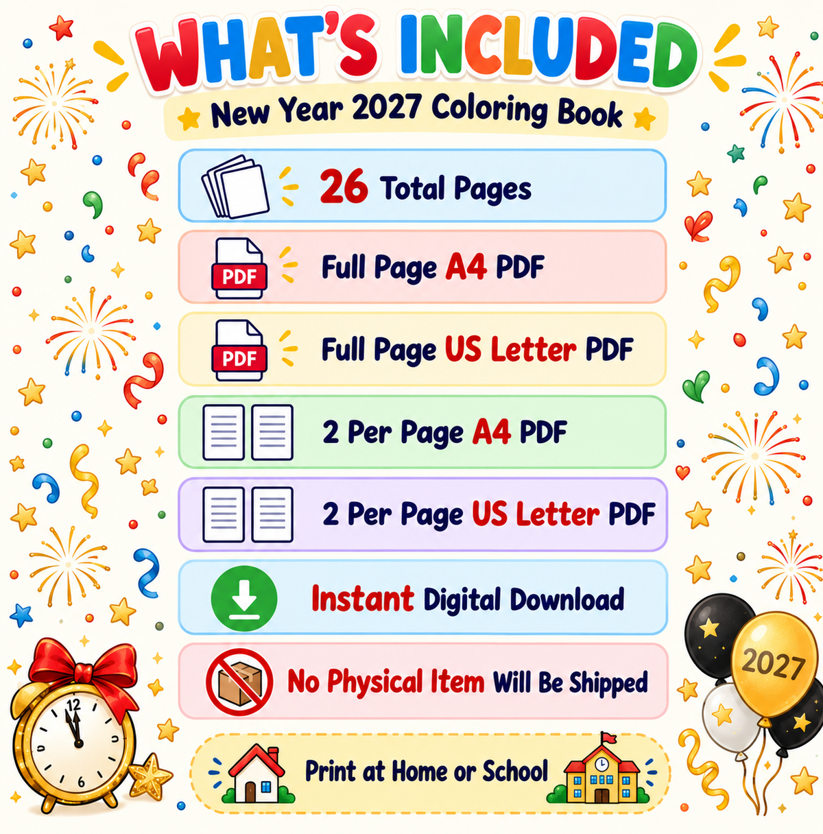 New Year 2027 Coloring Pages for Kids, 26 Printable Happy New Year Colouring Sheets, New Years Eve Party Activity, Winter Classroom Printable
