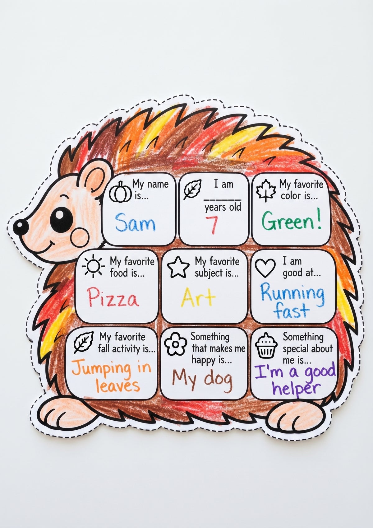 All About Me Fall Worksheet, Hedgehog Printable for Kids, Autumn Classroom Activity, Fall Bulletin Board Craft, Student Introduction