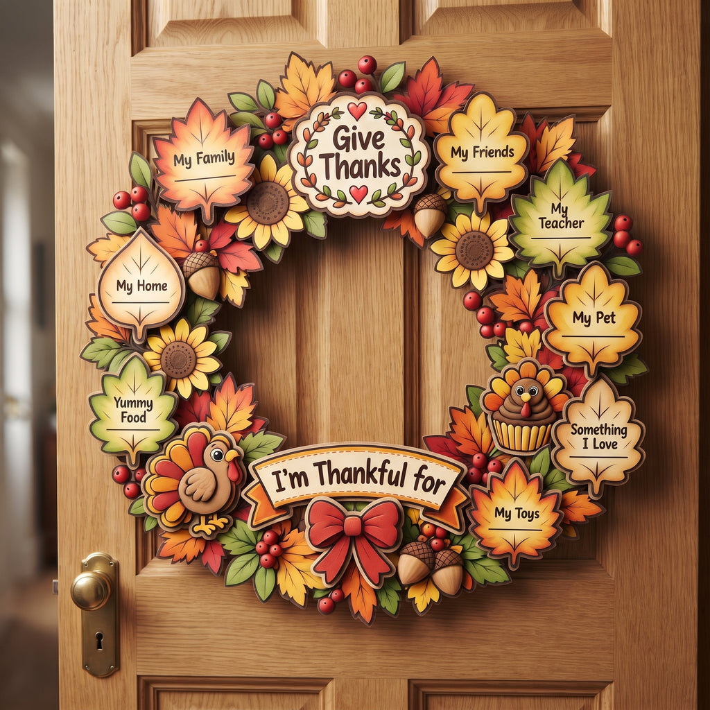 Thanksgiving Wreath Craft for Kids, Printable Cut and Paste Activity, Full Color Thanksgiving Cutouts, Fall Harvest Classroom Craft