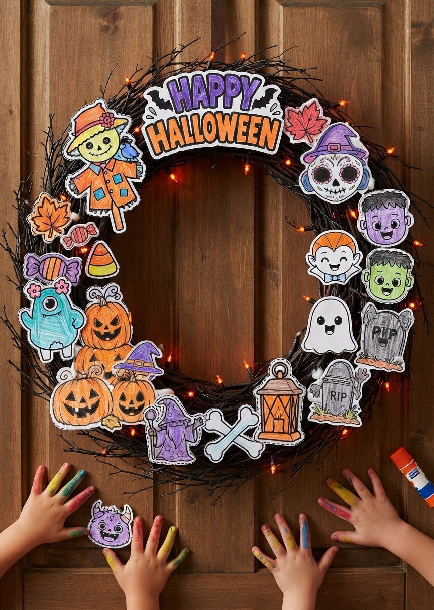 Halloween Wreath Craft for Kids, Printable Cut and Paste Wreath, Halloween Cutouts, Color Cut Glue Activity, Preschool Classroom Craft
