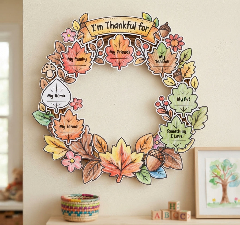 Thanksgiving Wreath Craft for Kids, Build a Thanksgiving Wreath, Fall Cut and Paste Craft, Thanksgiving Classroom Activity, Printable Wreath Craft