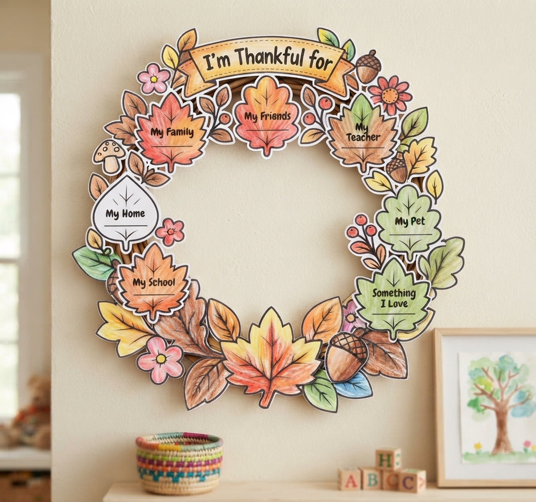 Thanksgiving Wreath Craft for Kids, Build a Thanksgiving Wreath, Fall Cut and Paste Craft, Thanksgiving Classroom Activity, Printable Wreath Craft