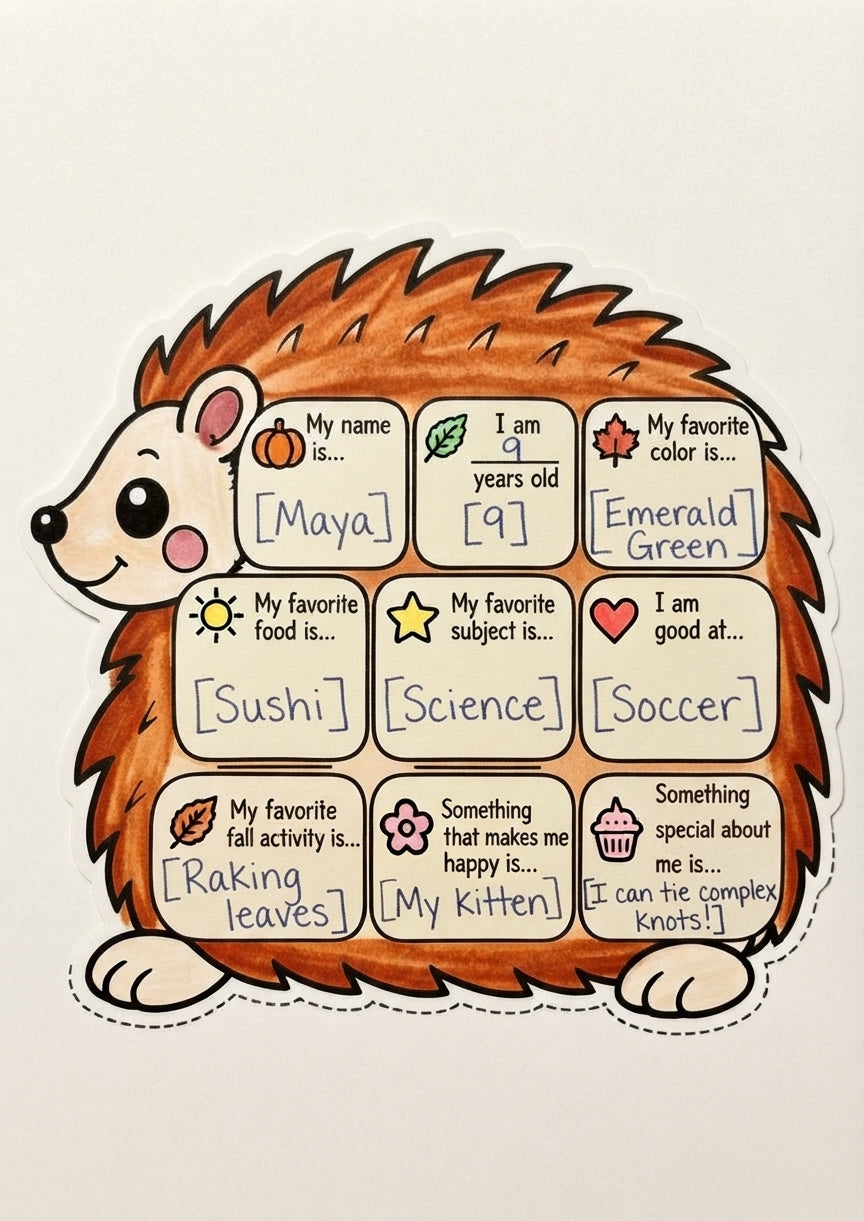 All About Me Fall Worksheet, Hedgehog Printable for Kids, Autumn Classroom Activity, Fall Bulletin Board Craft, Student Introduction