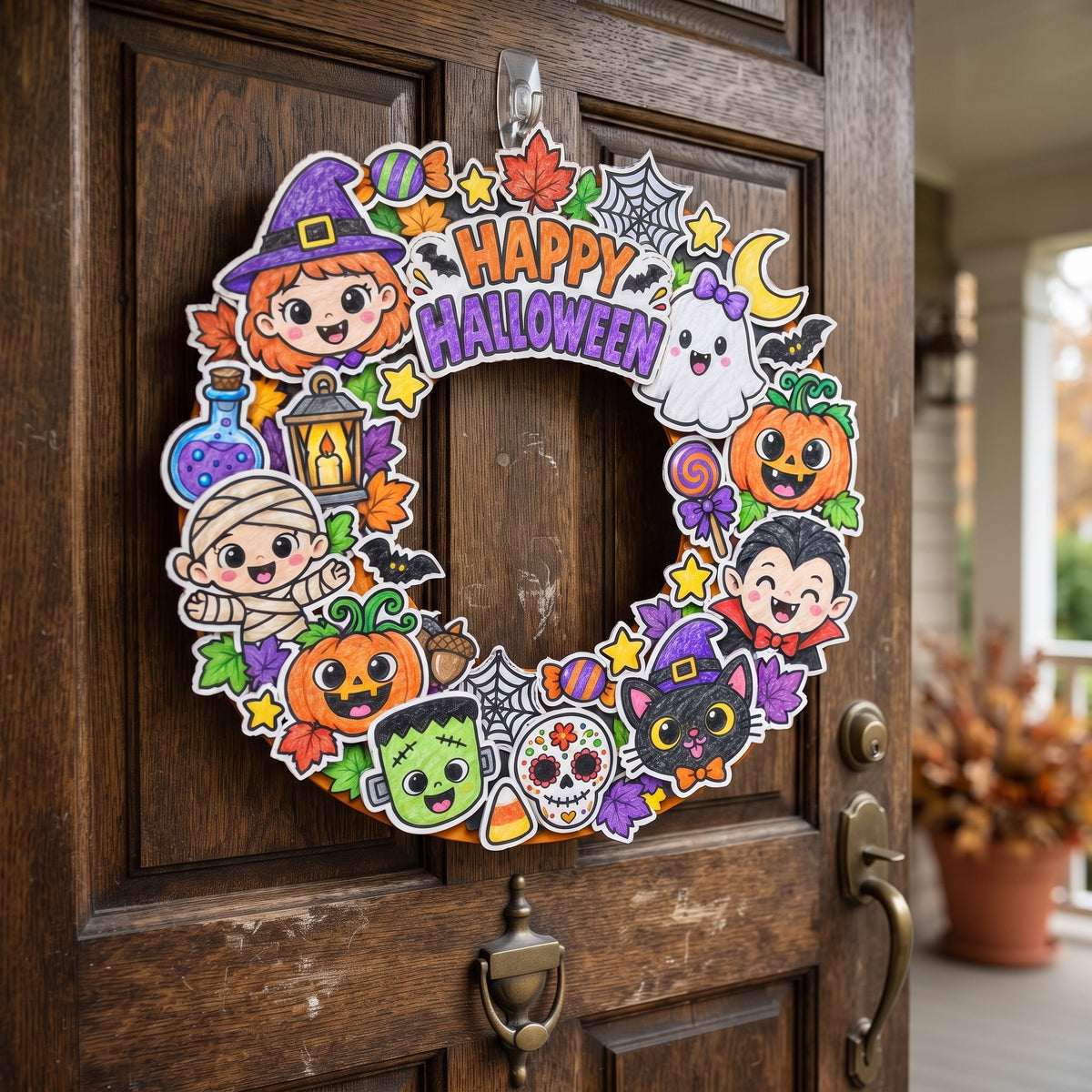 Halloween Wreath Craft for Kids, Printable Cut and Paste Wreath, Halloween Cutouts, Color Cut Glue Activity, Preschool Classroom Craft