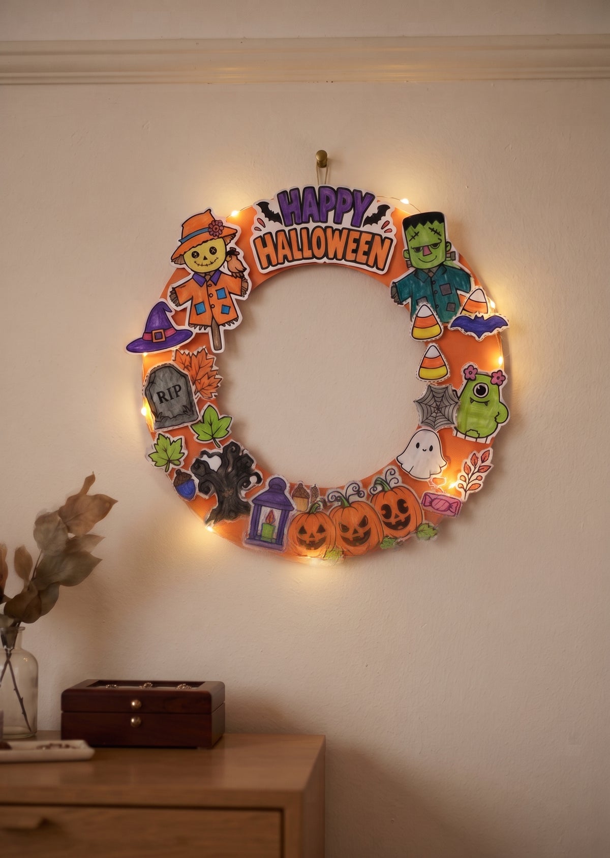 Halloween Wreath Craft for Kids, Printable Cut and Paste Wreath, Halloween Cutouts, Color Cut Glue Activity, Preschool Classroom Craft