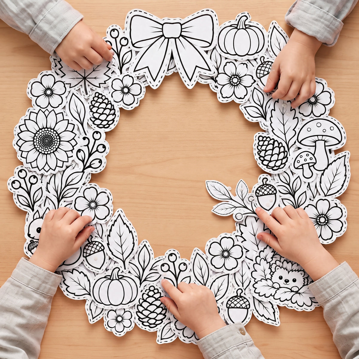 Autumn Wreath Craft Printable, Fall Leaves & Flowers Cut Out Template, Kids Coloring Activity