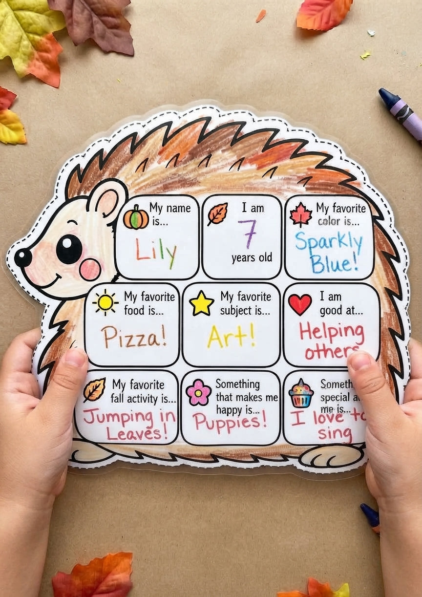 All About Me Fall Worksheet, Hedgehog Printable for Kids, Autumn Classroom Activity, Fall Bulletin Board Craft, Student Introduction